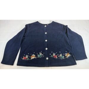 Croft & Barrow Reindeer Christmas Cardigan Sweater Navy Embroidered Women's Sz L